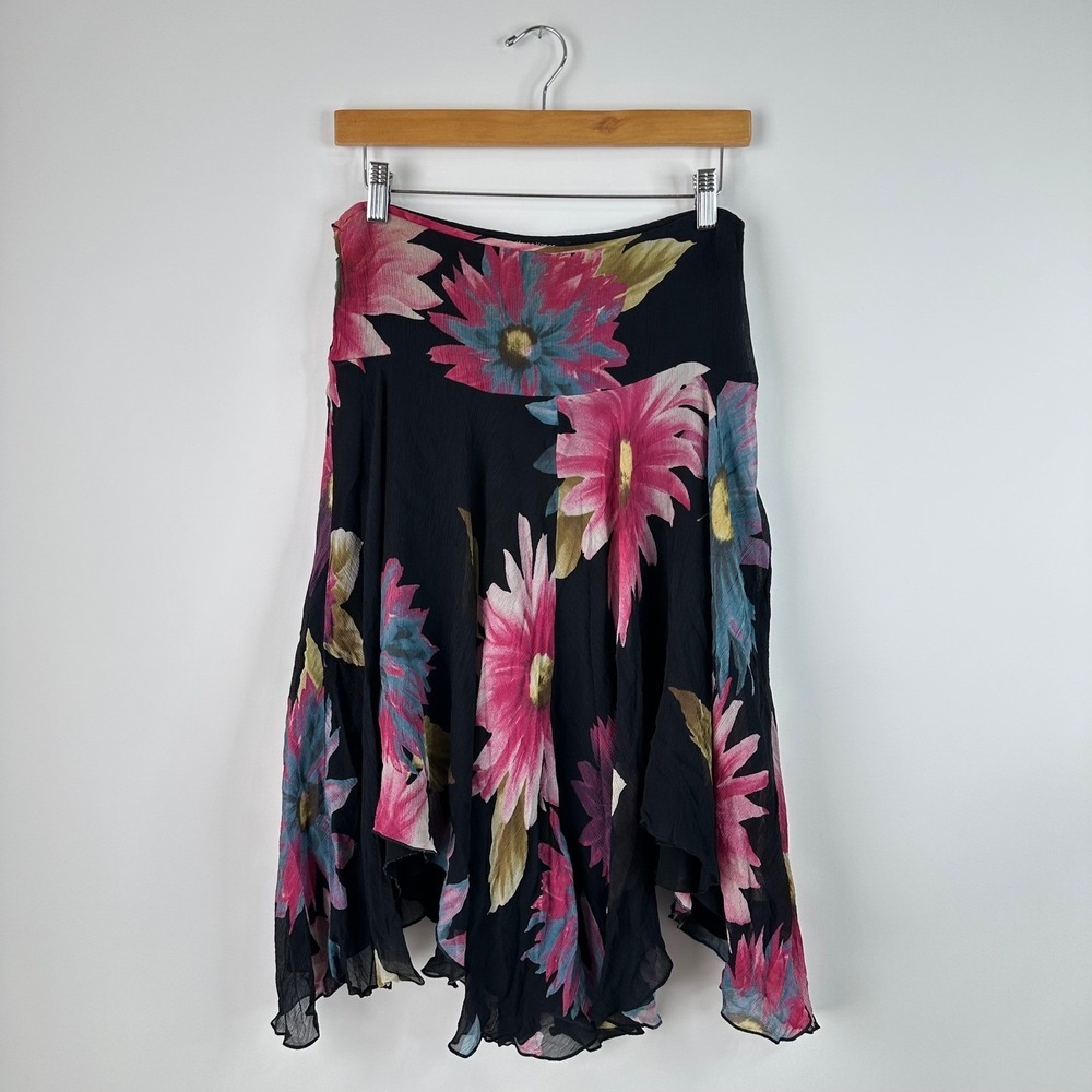 Karen Kane Floral Black Midi Skirt Women's Size 6 Asymmetrical Hem - Picture 5 of 5